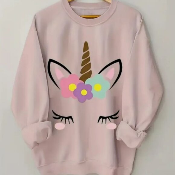 Tops - Women's unicorn Print Crew Neck Sweatshirt - Baby Pink - XL